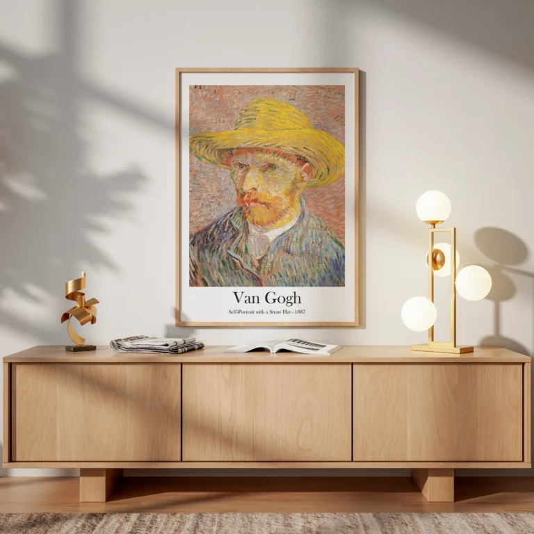A print of Van Gogh's Self-Portrait with a Straw Hat (1887) hanging in a modern, light-filled living room over a blonde wood media console.