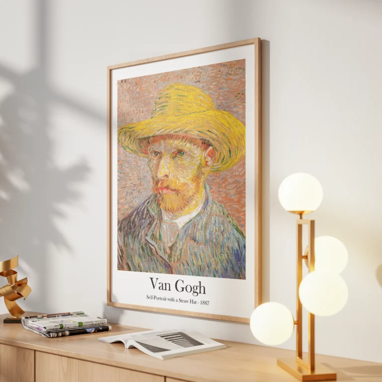 A print of Van Gogh's Self-Portrait with a Straw Hat (1887) hanging in a modern, light-filled living room over a blonde wood media console.