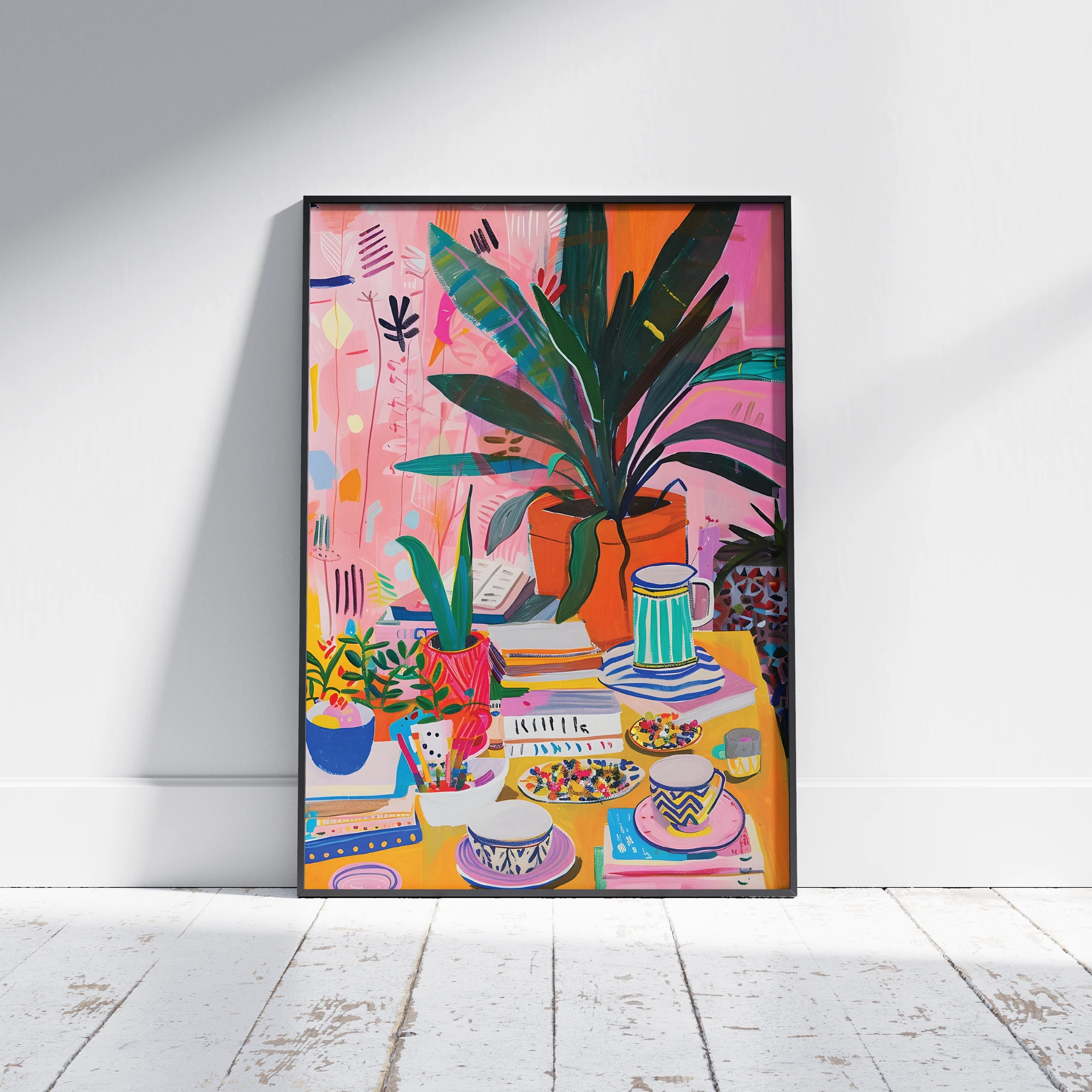 Colorful Indoor Plant Tea Table Illustration_Featured Image 1 Colorful Indoor Plant Tea Table Illustration Canvas Print - Image 1