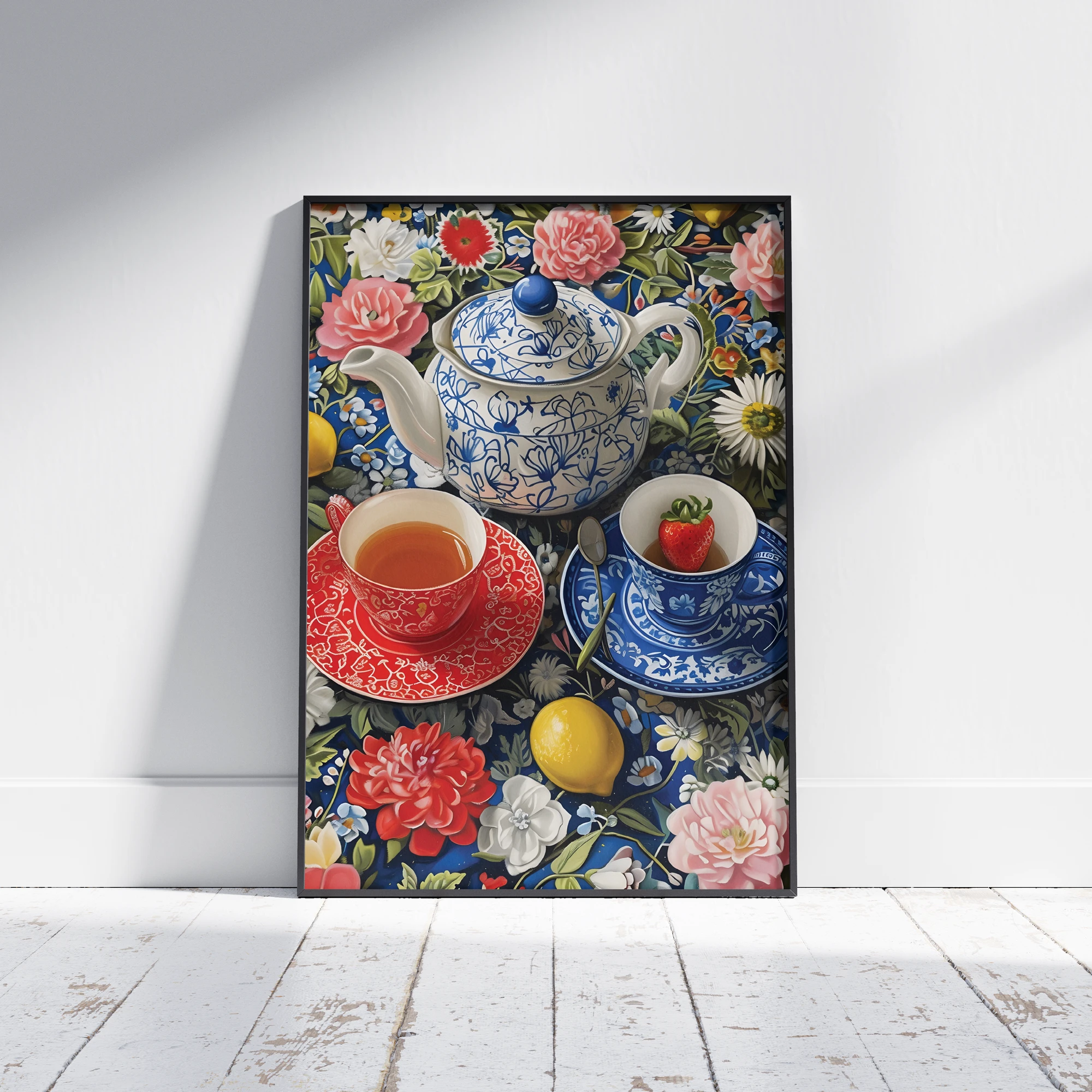 Floral Teapot Cups Lemon Garden_Featured Image 1 Floral Teapot Cups Lemon Garden Canvas Print - Image 1
