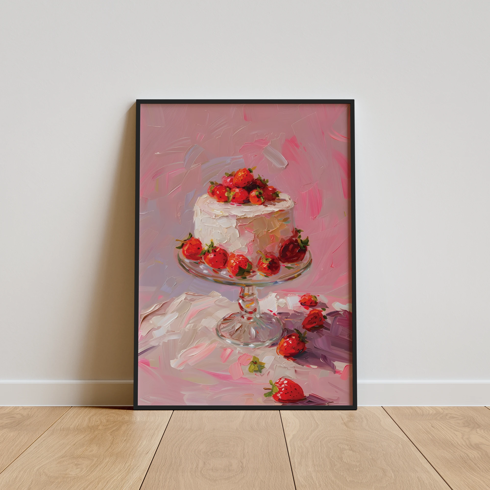 Pink Strawberry Cake Dessert Painting_Featured Image 1 Pink Strawberry Cake Dessert Painting Canvas Print - Image 1