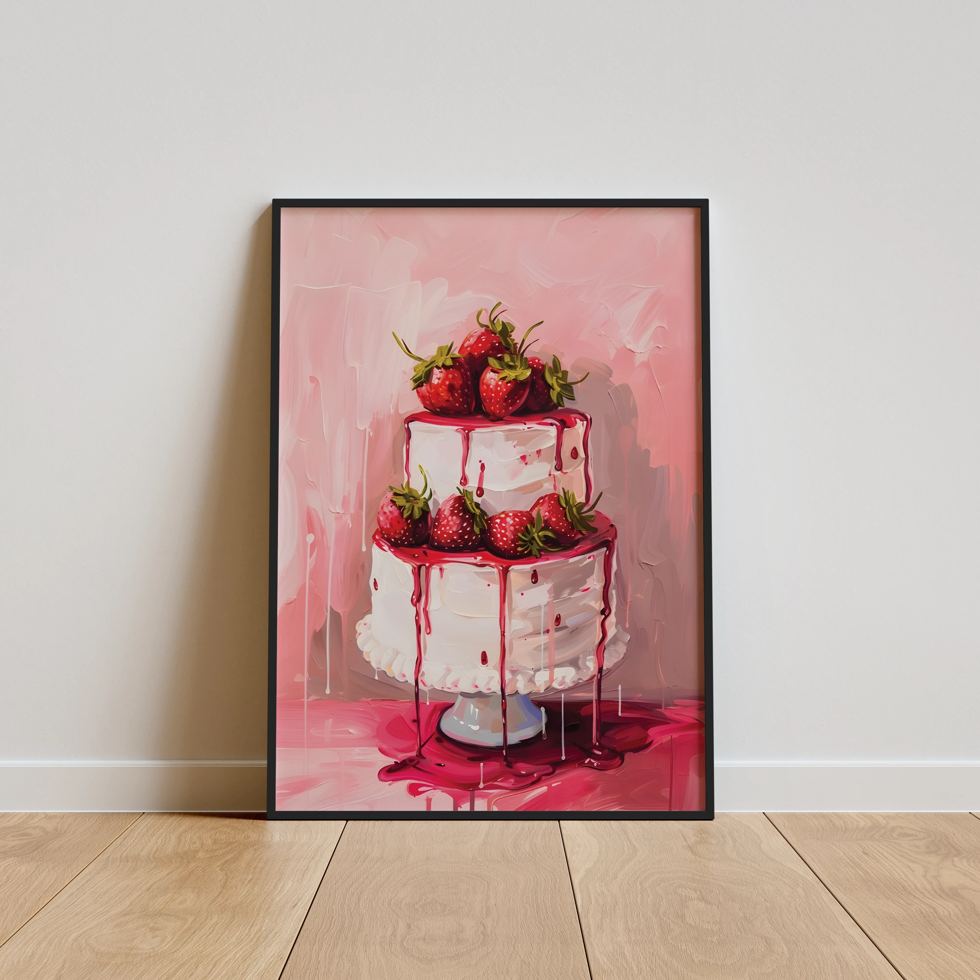 Pink Strawberry Layer Cake Kitchen Painting_Featured Image 1 Pink Strawberry Layer Cake Canvas Print - Image 1