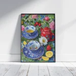 Vintage Floral Tea Cups Red Teapot Canvas Print