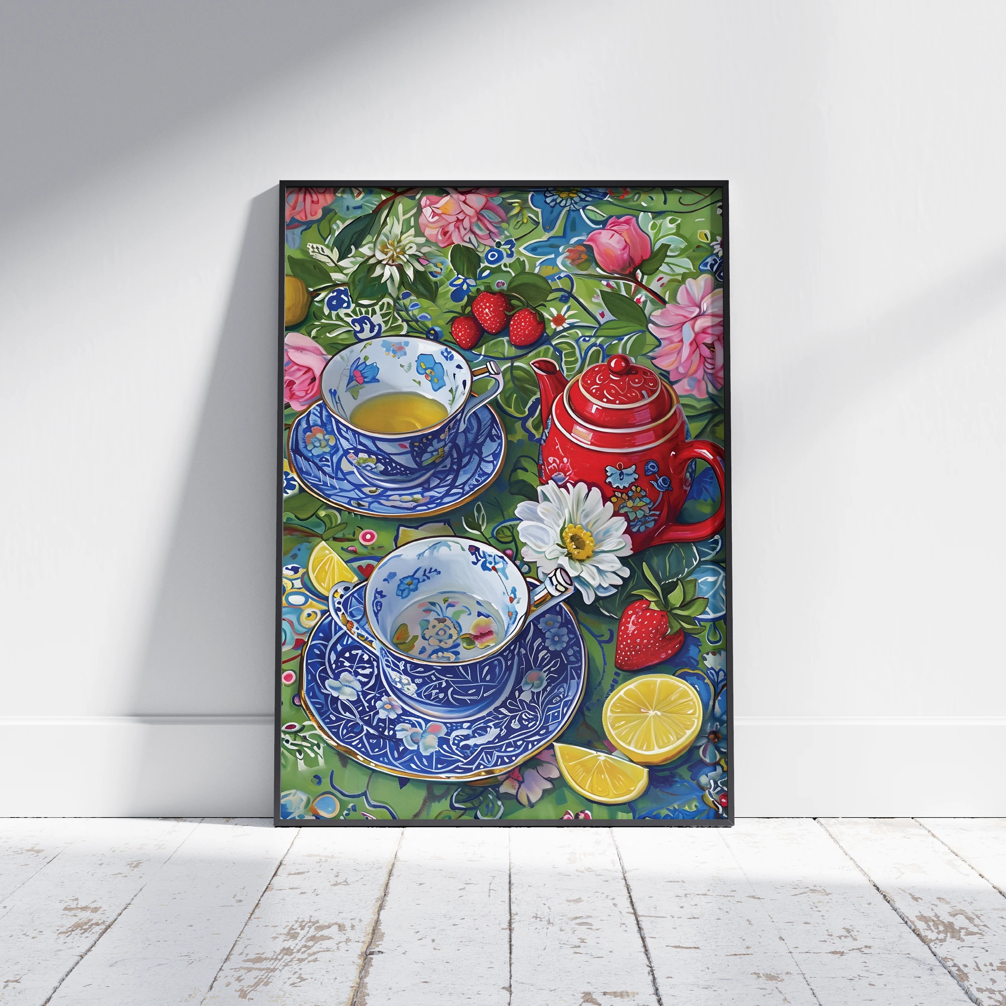 Vintage Floral Tea Cups Red Teapot_Featured Image 1 Vintage Floral Tea Cups Red Teapot Canvas Print - Image 1