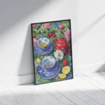 Vintage Floral Tea Cups Red Teapot Canvas Print - Image 2
