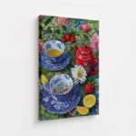 Vintage Floral Tea Cups Red Teapot Canvas Print - Image 4